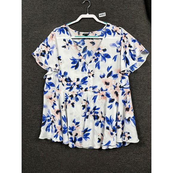 Torrid Babydoll Georgette Flutter Sleeve Blouse Womens Size 3X White Blue - Picture 1 of 7
